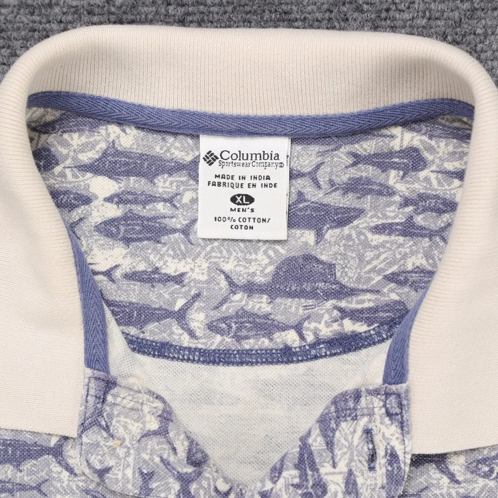 Columbia Mens XL Blue All Over Fish Print Polo Shirt‎ Cotton Short Sleeve
